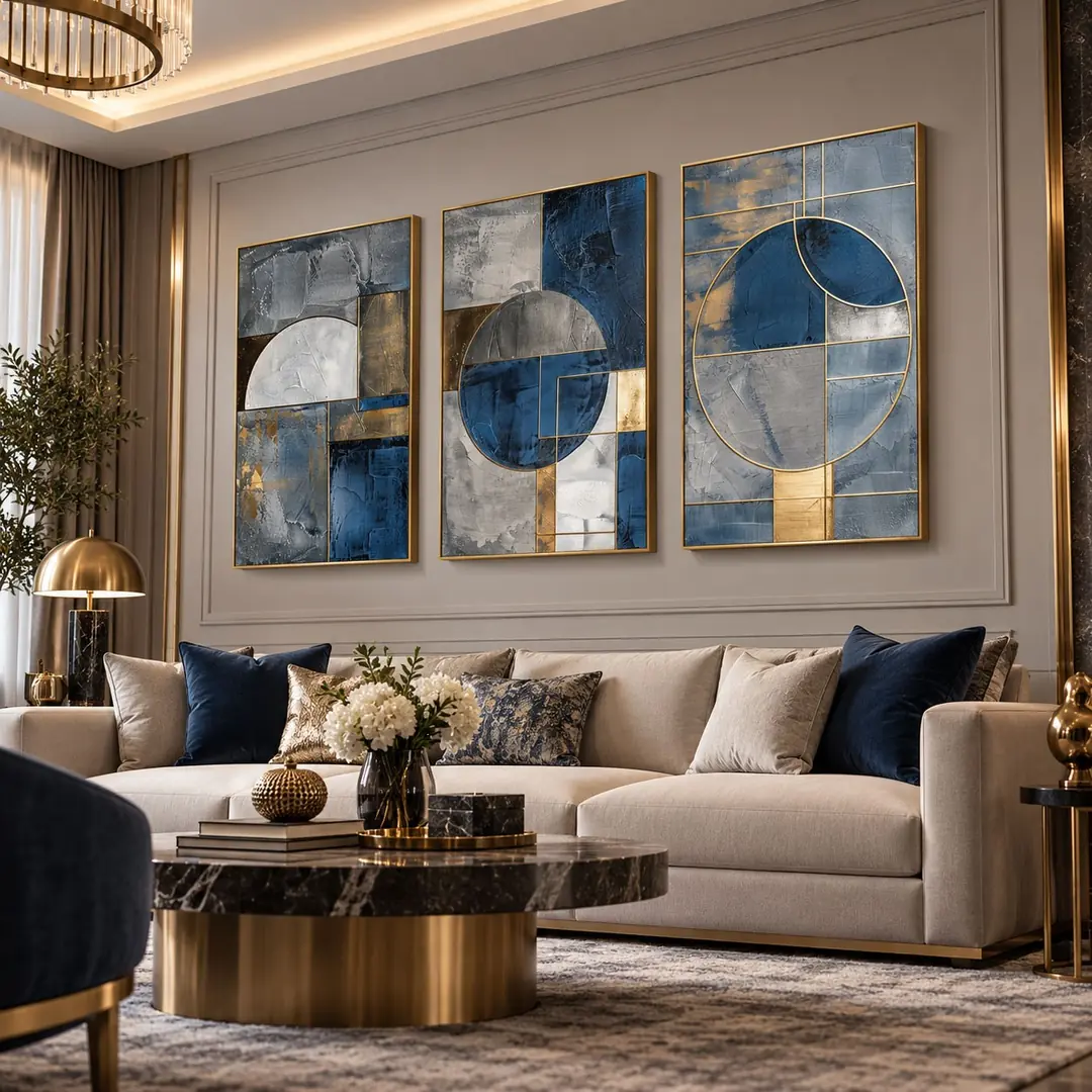 Gold Ahşap Çerçeveli - 60x90cm Gold Detaylı Geometrik Soyut Üçlü Kanvas Tuval Tablo Seti - VOOV9130