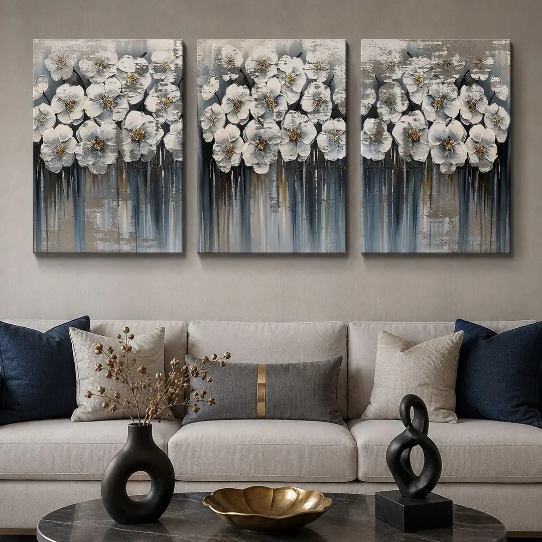 İnci Çiçekleri Kanvas Duvar Tablosu - 3'lü Canvas Tablo Seti - VOOV4387 1