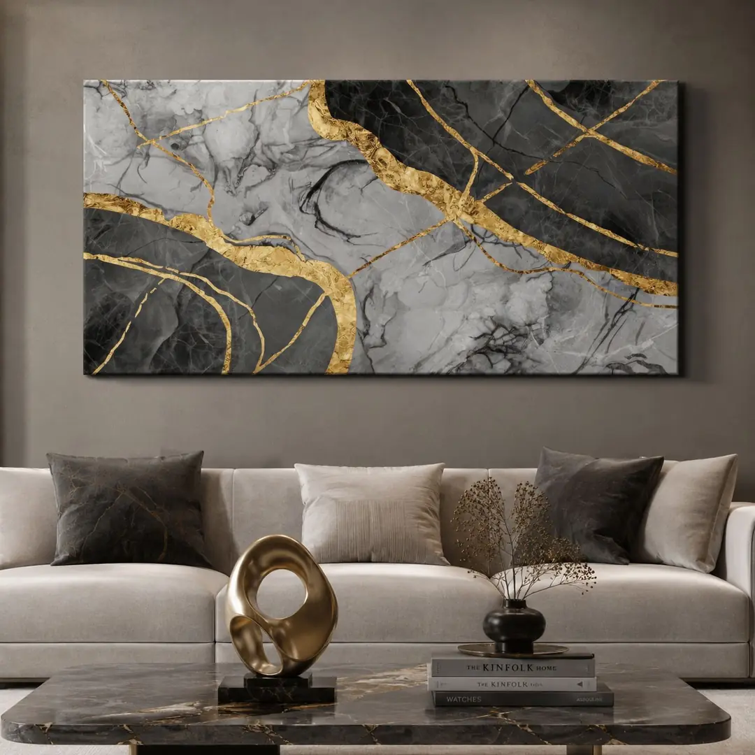 Golden Veins Dekoratif Soyut Kanvas Tablo - VOOV3553 1
