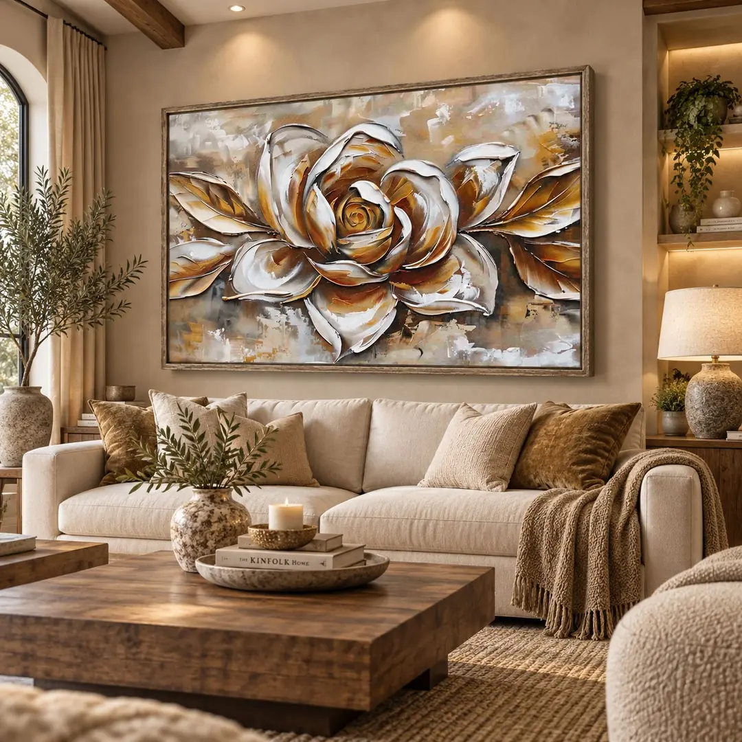 Ahşap Çerçeveli - 100x150cm Eskitme Gold Görünümlü Soyut Çiçek Kanvas Tuval Tablo - VOOV9134
