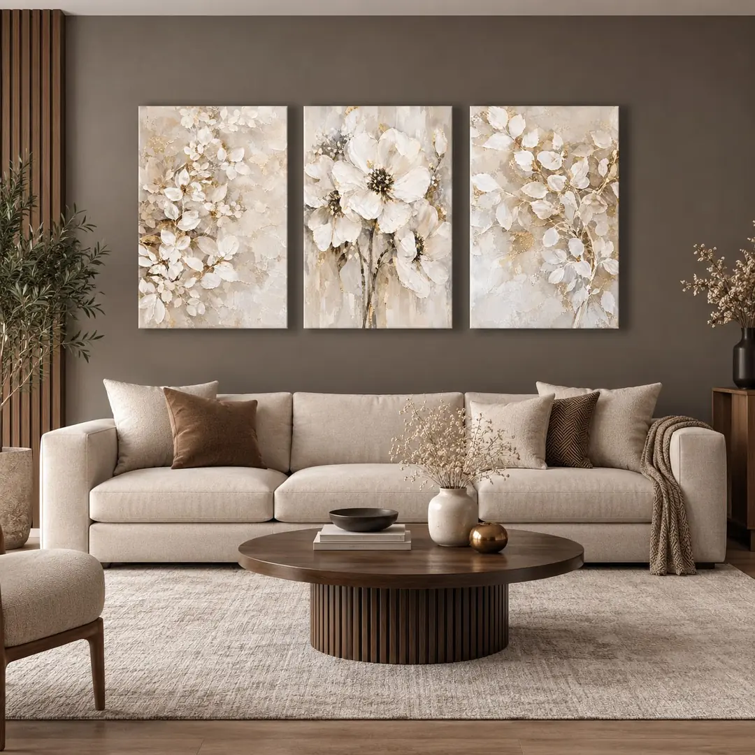 Bej Gold Soyut Beyaz Çiçekler - Üçlü Kanvas Tuval Tablo Seti - VOOV6145 1