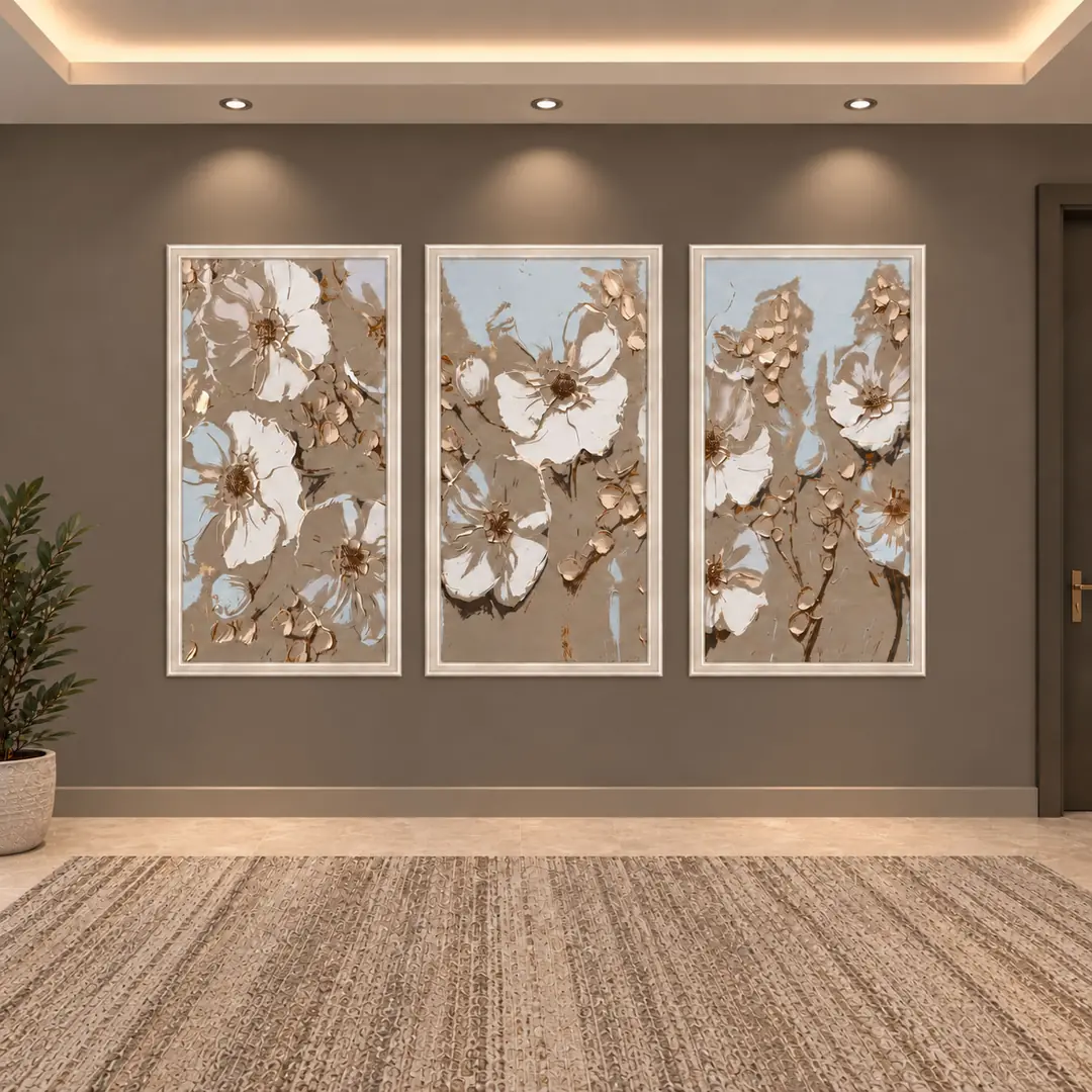Zarif Bej Vizon Soyut Çiçekler - Kendinden Yapışkanlı Çerçeve Görünümlü Dokulu Silinebilir Poster Duvar Kağıdı – Üçlü Duvar Dekoru - 50x105 cm