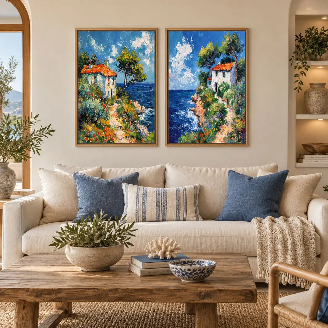 Ahşap Çerçeveli - Akdeniz Kıyısı Evleri Manzarası - Misafir ve Oturma Odası İkili Tablo Seti - 50x70cm