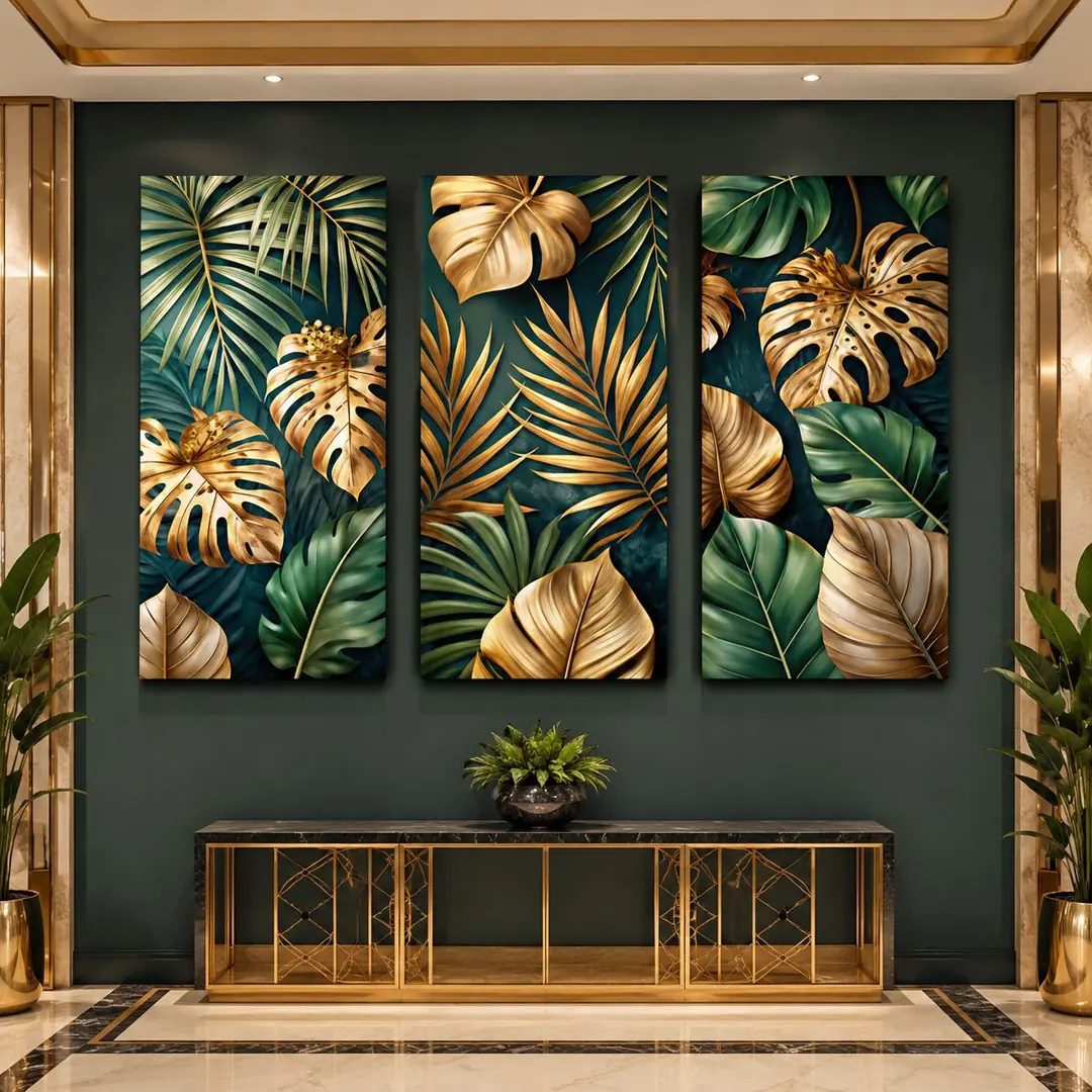 Yeşil Gold Tropikal Yapraklar Kanvas Duvar Tablosu - 3'lü Canvas Tablo Seti - VOOV6059 1