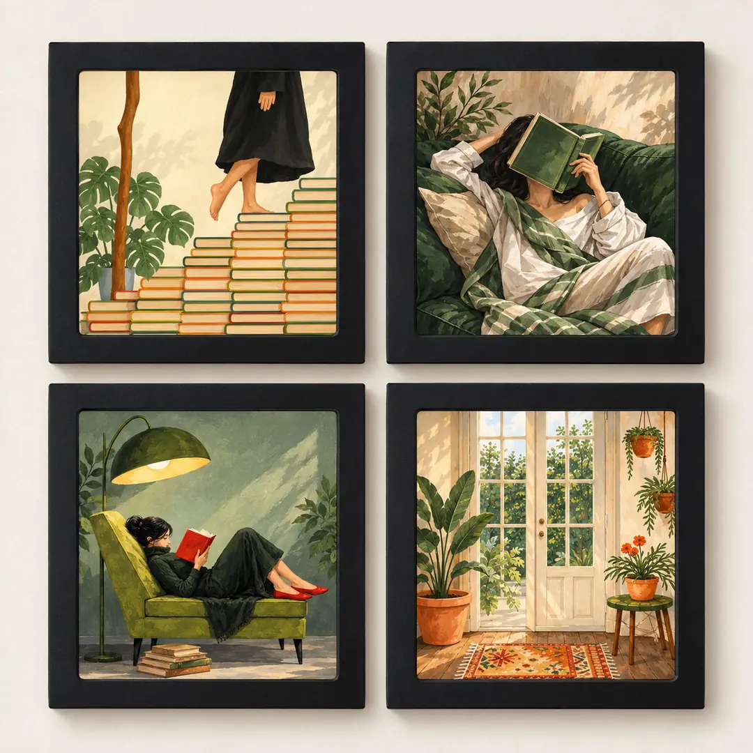 Kitaplı Düşler Kitapsever Tablo Seti  - Dörtlü Kare Siyah Ahşap Çerçeveli Lüks Tablo Seti ( 30x30cm ) 4 Adet 2