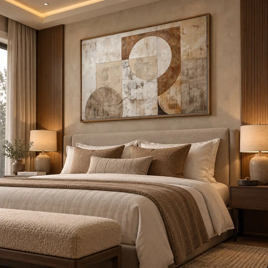 Eskitme Ahşap Çerçeveli - 100x150cm Bej Krem Kahve Modern Geometrik Soyut Kanvas Tuval Tablo - VOOV9141 1