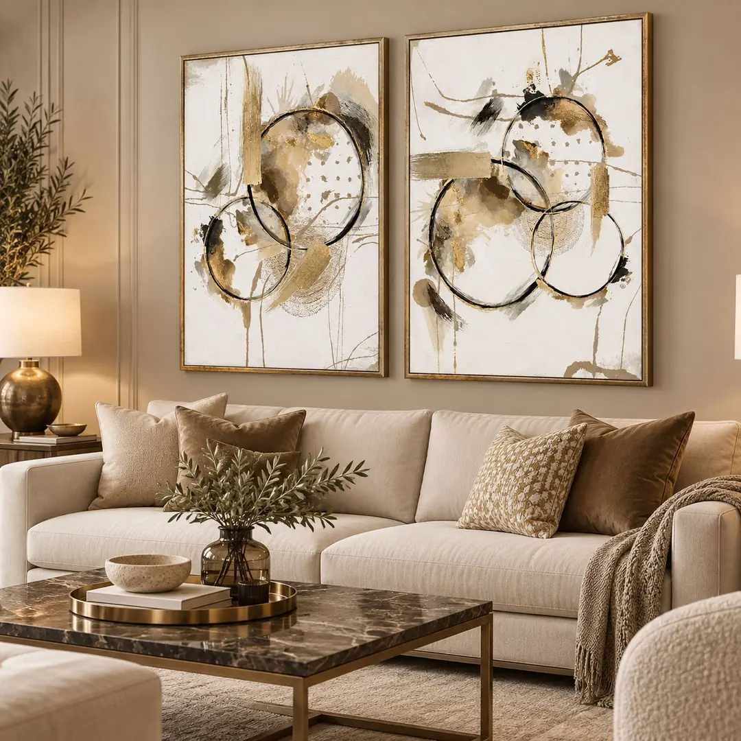 Gold Eskitme Ahşap Çerçeveli - 60x90cm Bej Krem Gold Soyut İkili Kanvas Tuval Tablo Seti - VOOV9139 2