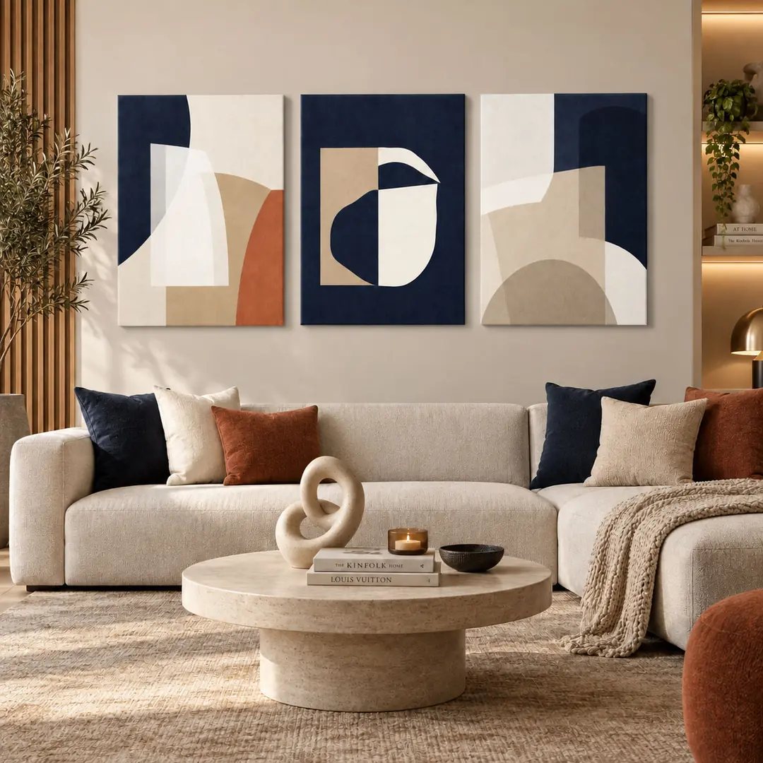 Modern Soyut Geometrik Lacivert Krem Bej Kiremit - Salon Duvar Üçlü Kanvas Tuval Tablo Seti - VOOV6175