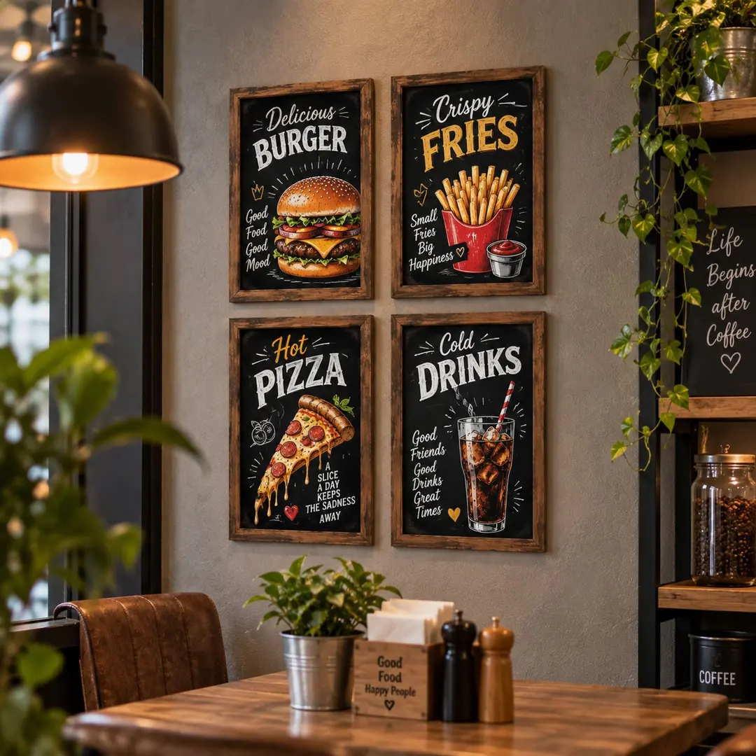 Eskitme Ahşap Çerçeveli - Fast Food Lezzetleri - Dörtlü Tablo Seti ( 17,50 x 35 cm ) - EW1041