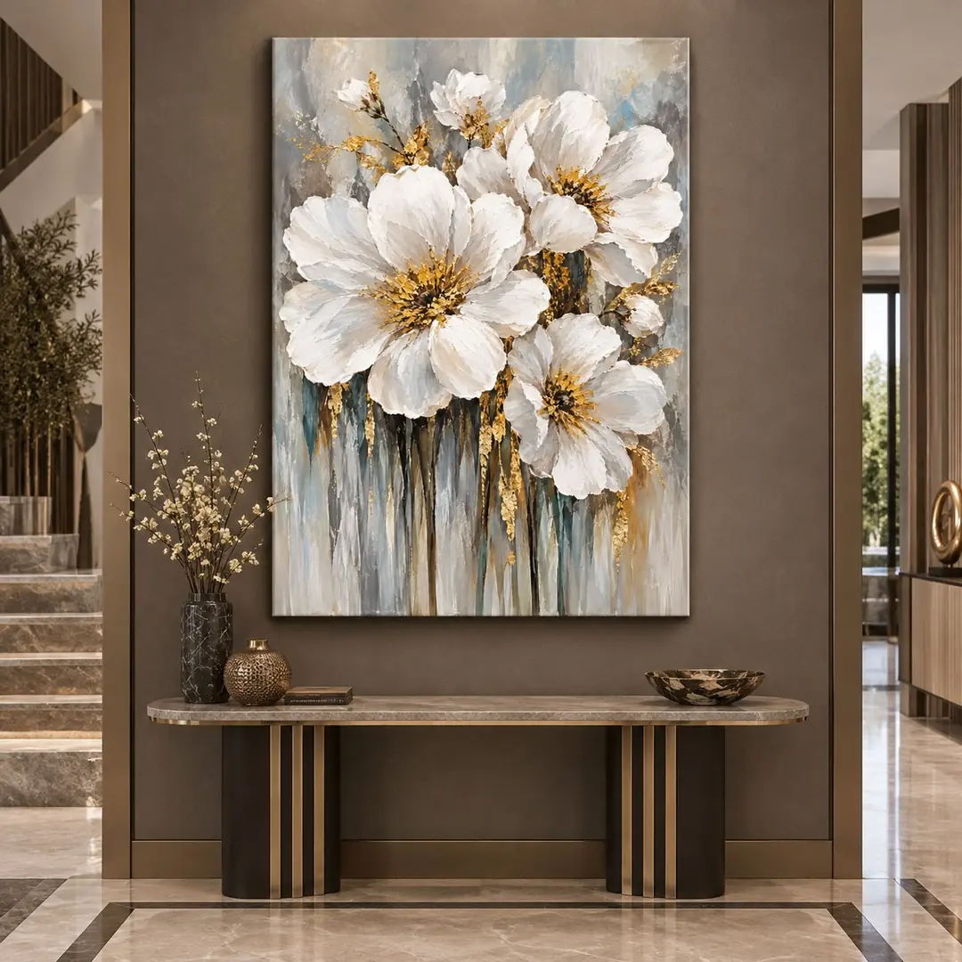 Gold Işıltılı Beyaz Çiçekler Tuval Kanvas Tablo - VOOV3679 1