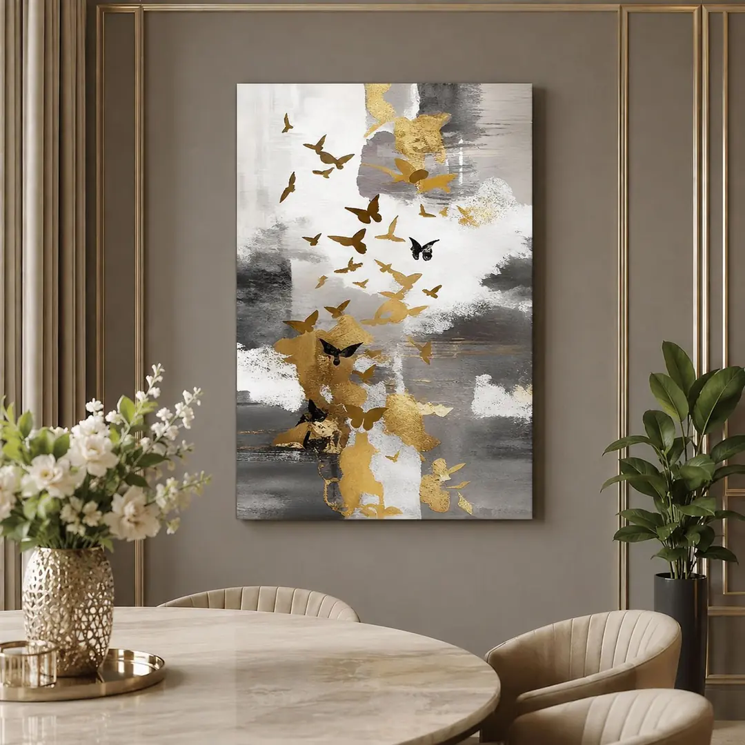 Gold Soyut Kelebekler Kanvas Tablo - VOOV2642 2