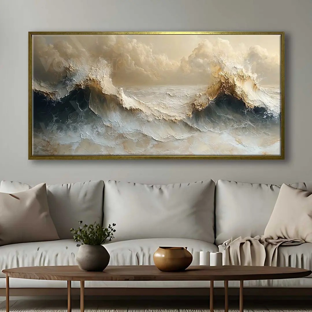 70x140cm Eskitme Gold Çerçeveli Soyut Deniz Dalgası Dekoratif Kanvas Tablo - ART1313