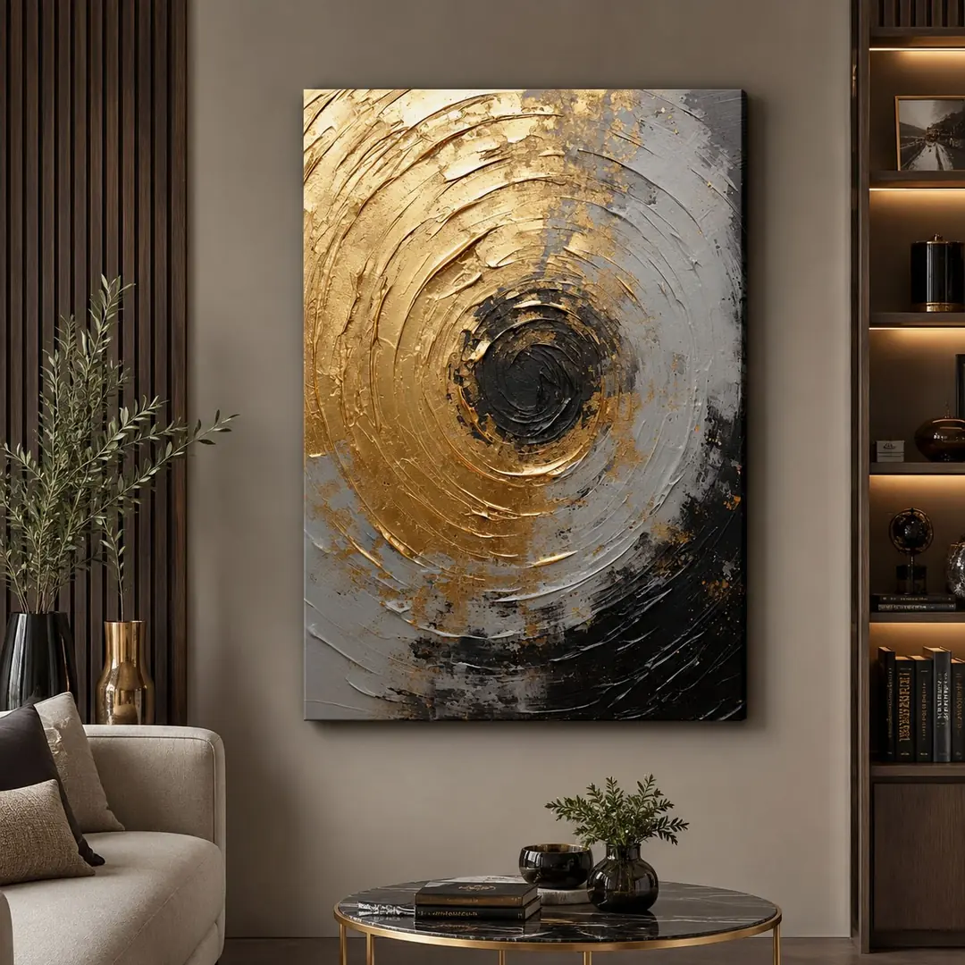Gold Siyah Gri Spiral Soyut Kanvas Tablo - VOOV3643 1