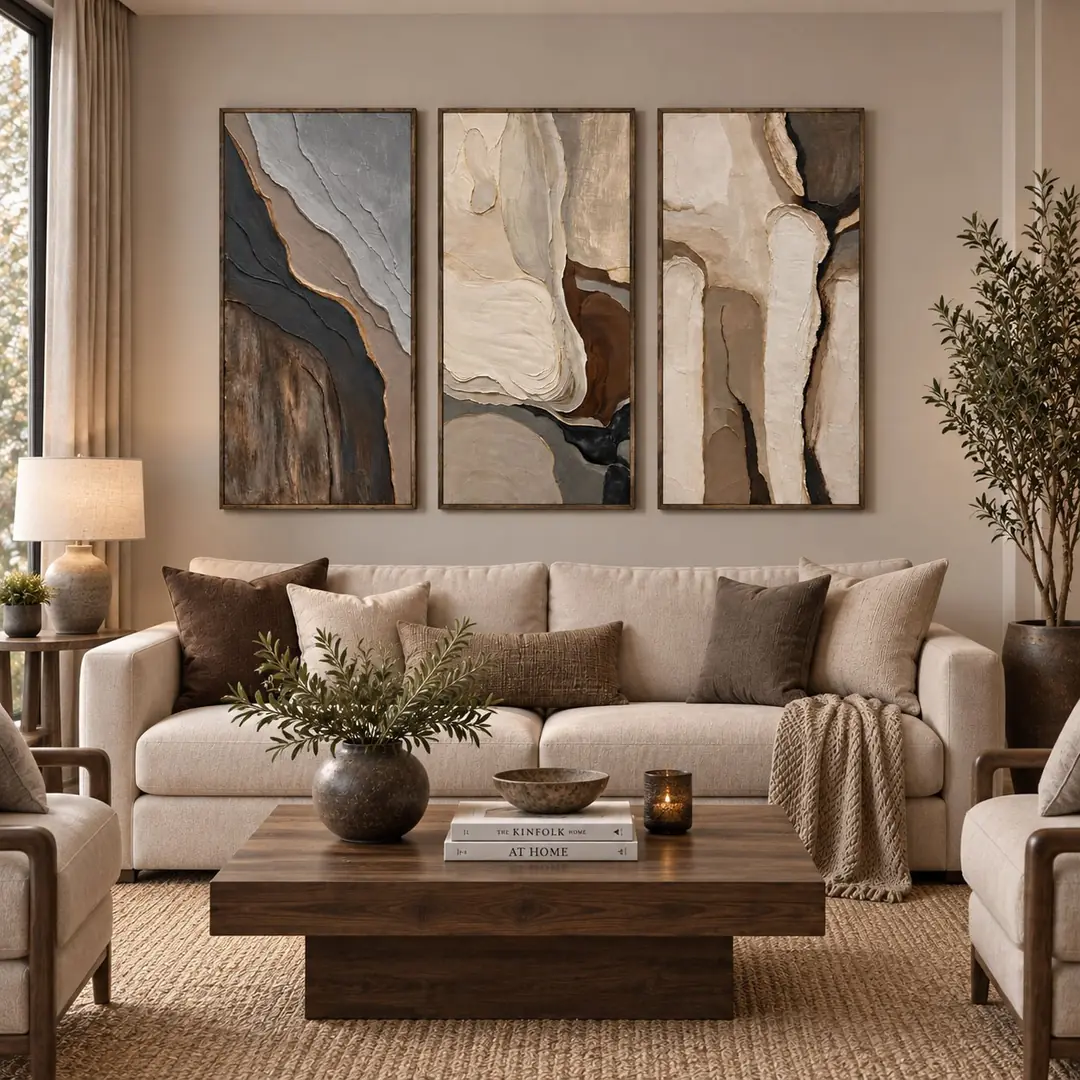Eskitme Ahşap Çerçeveli - 50x100cm Toprak Katmanları Soyut Üçlü Kanvas Tuval Tablo Seti - VOOV9145