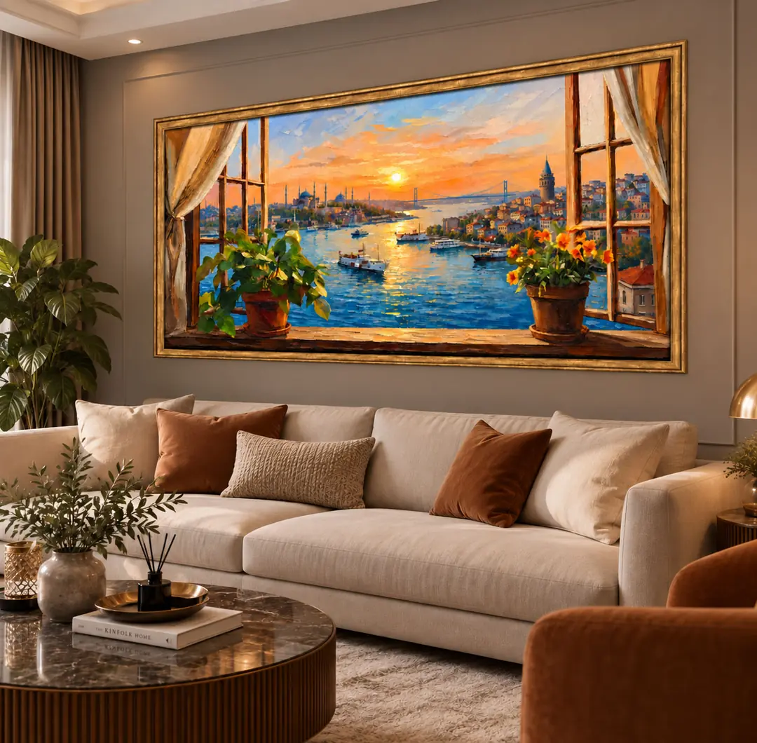 Pencereden İstanbul Boğazı Gün Batımı – Kendinden Yapışkanlı Çerçeve Görünümlü Dokulu Silinebilir Poster Duvar Kağıdı – Duvar Dekoru – 105x210 cm 