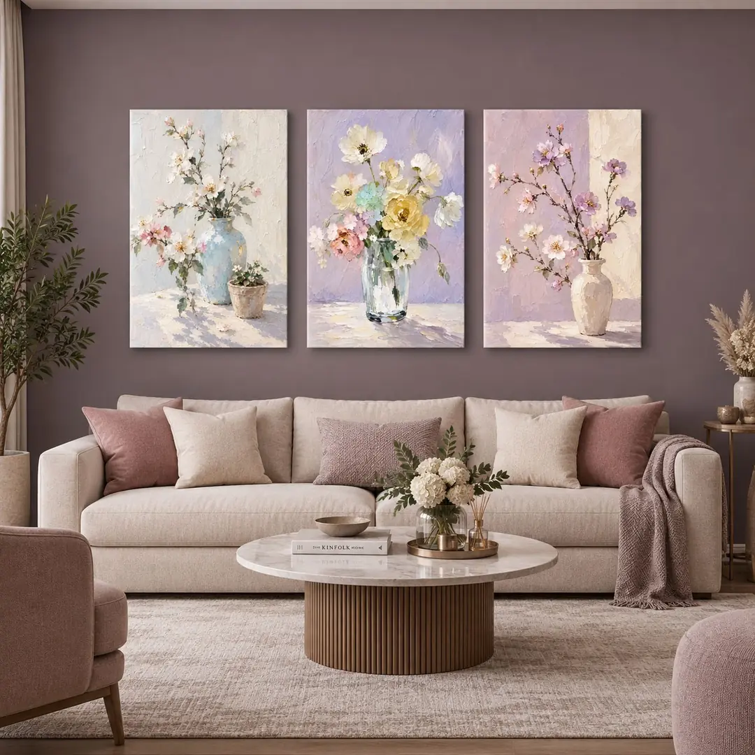 Vazoda Pastel Çiçekler - Üçlü Kanvas Tuval Tablo Seti - VOOV6146 1