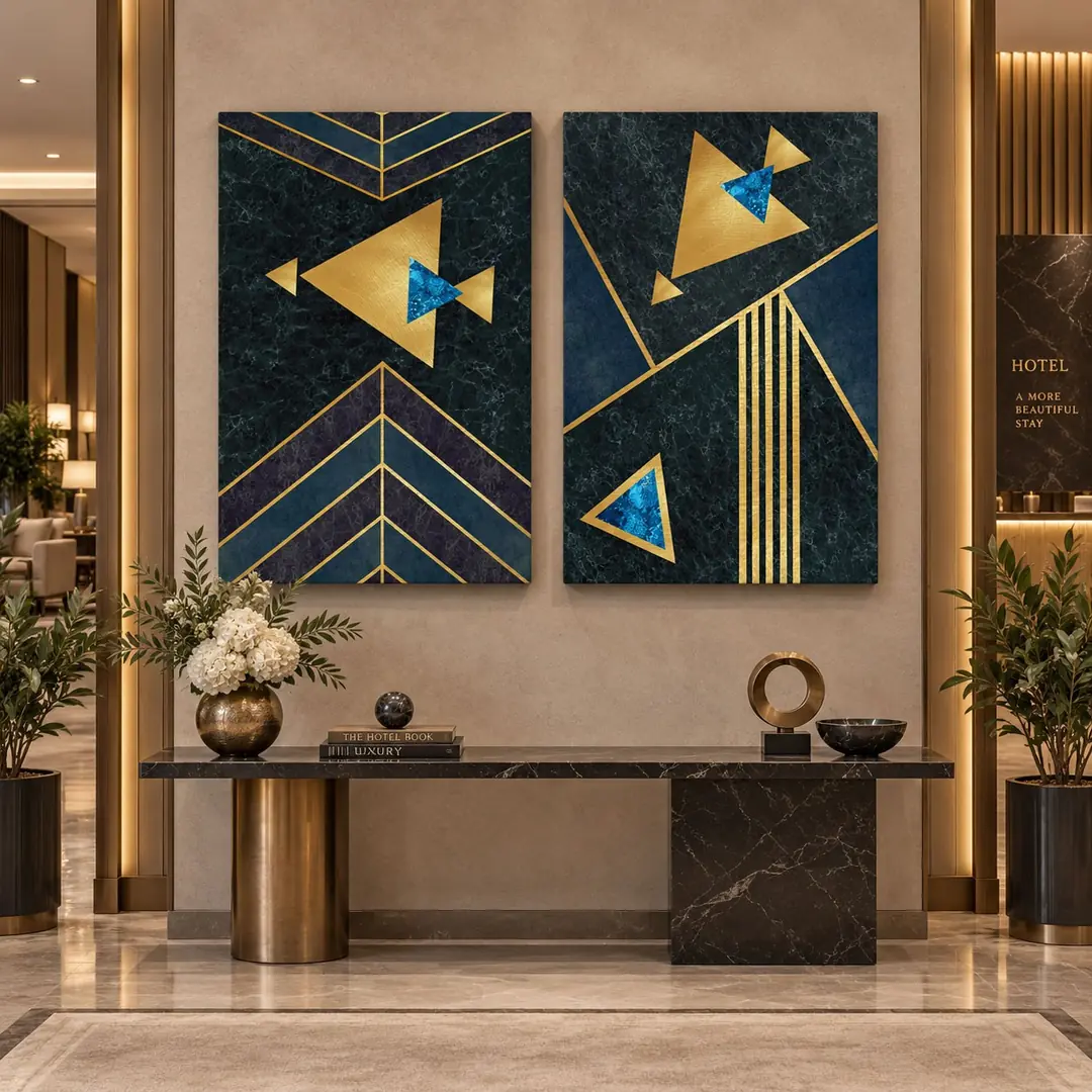 Lacivert Gold Geometrik - İkili Kanvas Tuval Tablo Seti - VOOV6121 1