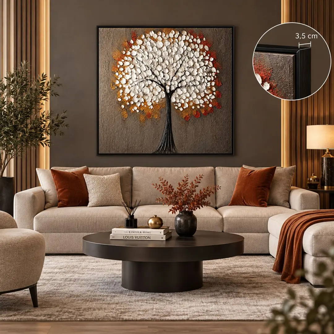 Siyah Ahşap Çerçeveli - 100x100cm Beyaz Yapraklı Hayat Ağacı Kanvas Tuval Tablo - VOOV9115 1