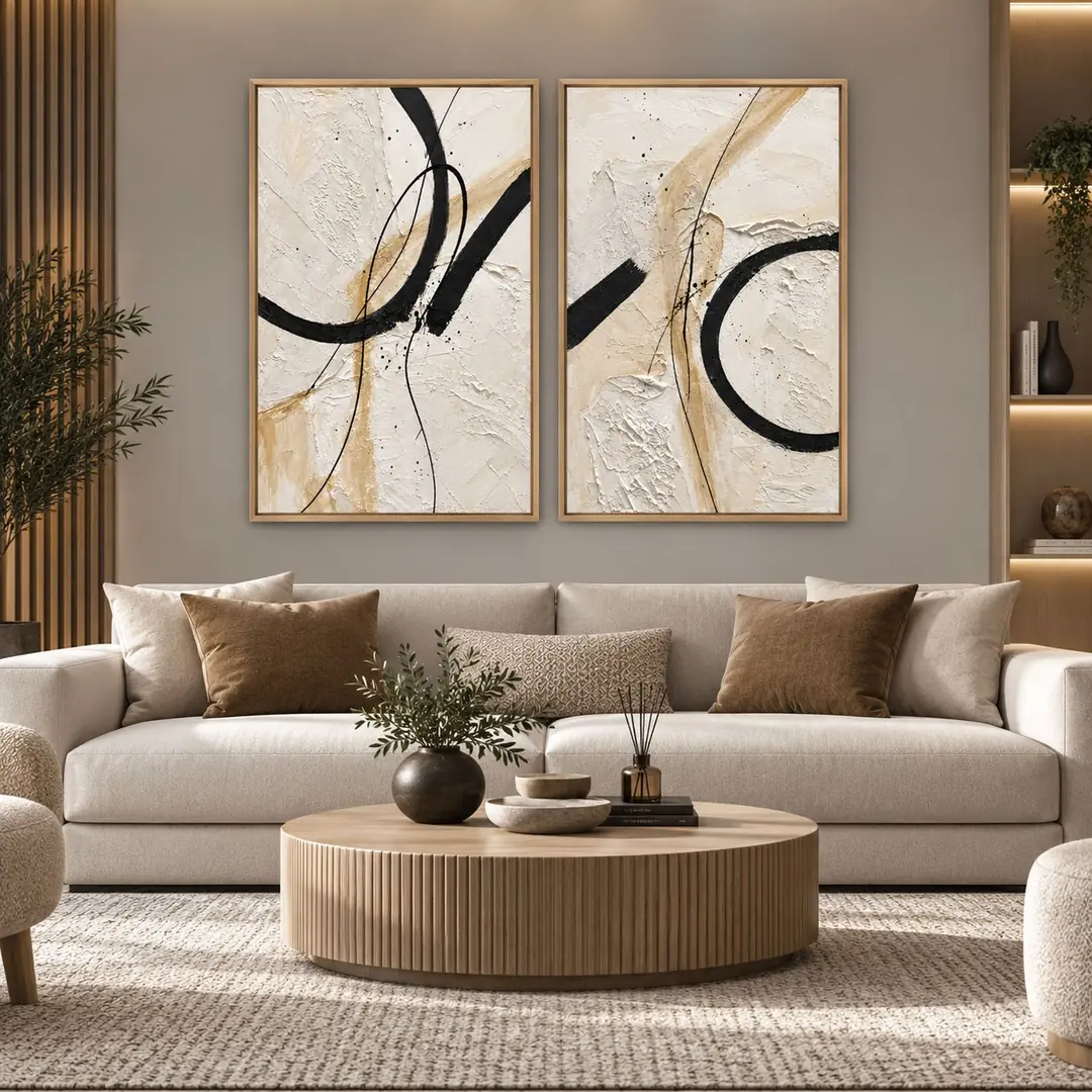 Natürel Ahşap Çerçeveli - 60x90cm Modern Bej Krem Siyah Soyut İkili Kanvas Tuval Tablo Seti - VOOV9144 2
