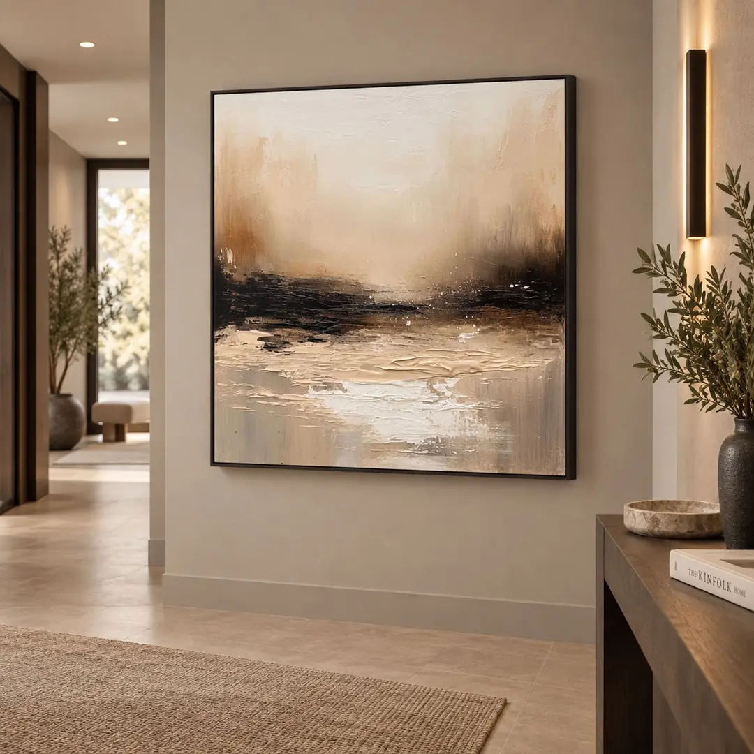 Siyah Ahşap Çerçeveli - 100x100cm Bej Siyah Soft Ufuk Soyut Manzara Kanvas Tuval Tablo - VOOV9107 1