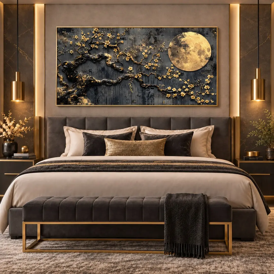 Gold Ahşap Çerçeveli - 75x150cm Gold Ay ve Çiçekli Dal Manzara Kanvas Tuval Tablo - VOOV9132 2