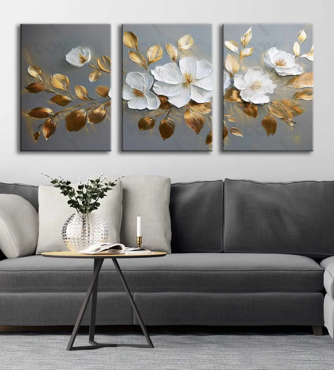 Gold Yapraklı Beyaz Çiçekler Kanvas Tablo - 3'lü Canvas Tablo Seti - VOOV4346 2