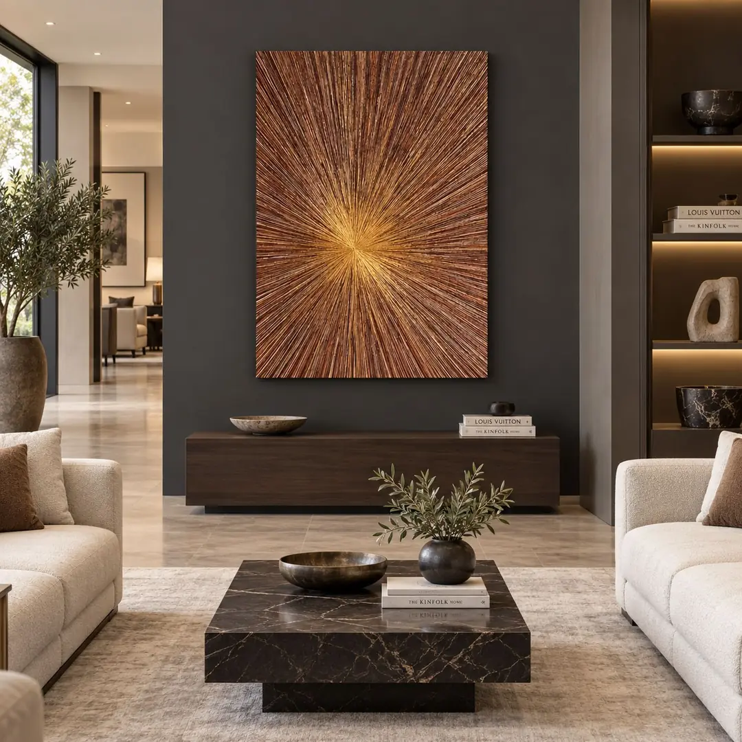 Altın Işık Patlaması Soyut - Karamel ve Gold Tuval Kanvas Tablo - VOOV3758 1