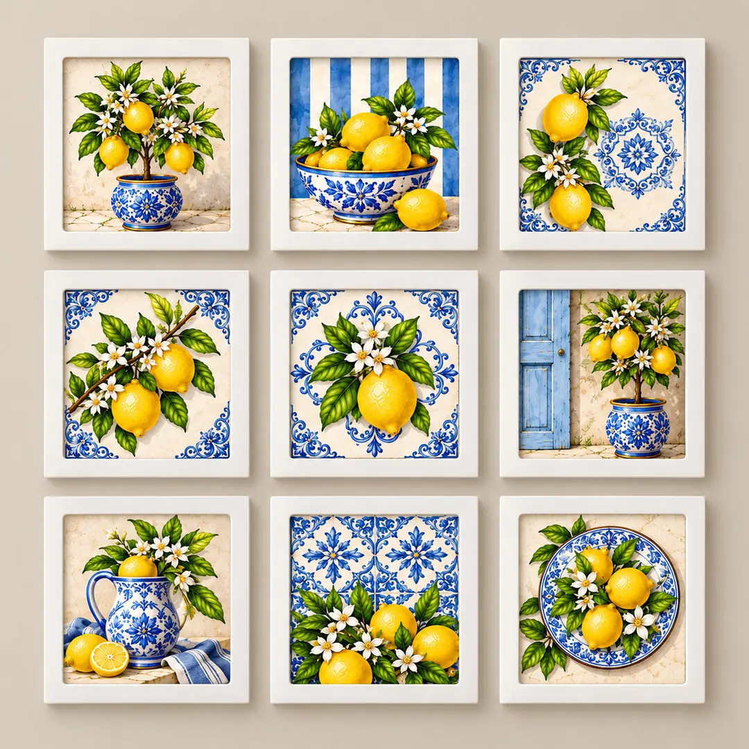 Akdeniz Limonları Mutfak Keyfi Seti - Dokuzlu Kare Beyaz Ahşap Çerçeveli Lüks Tablo Seti ( 30x30cm ) 9 Adet 2