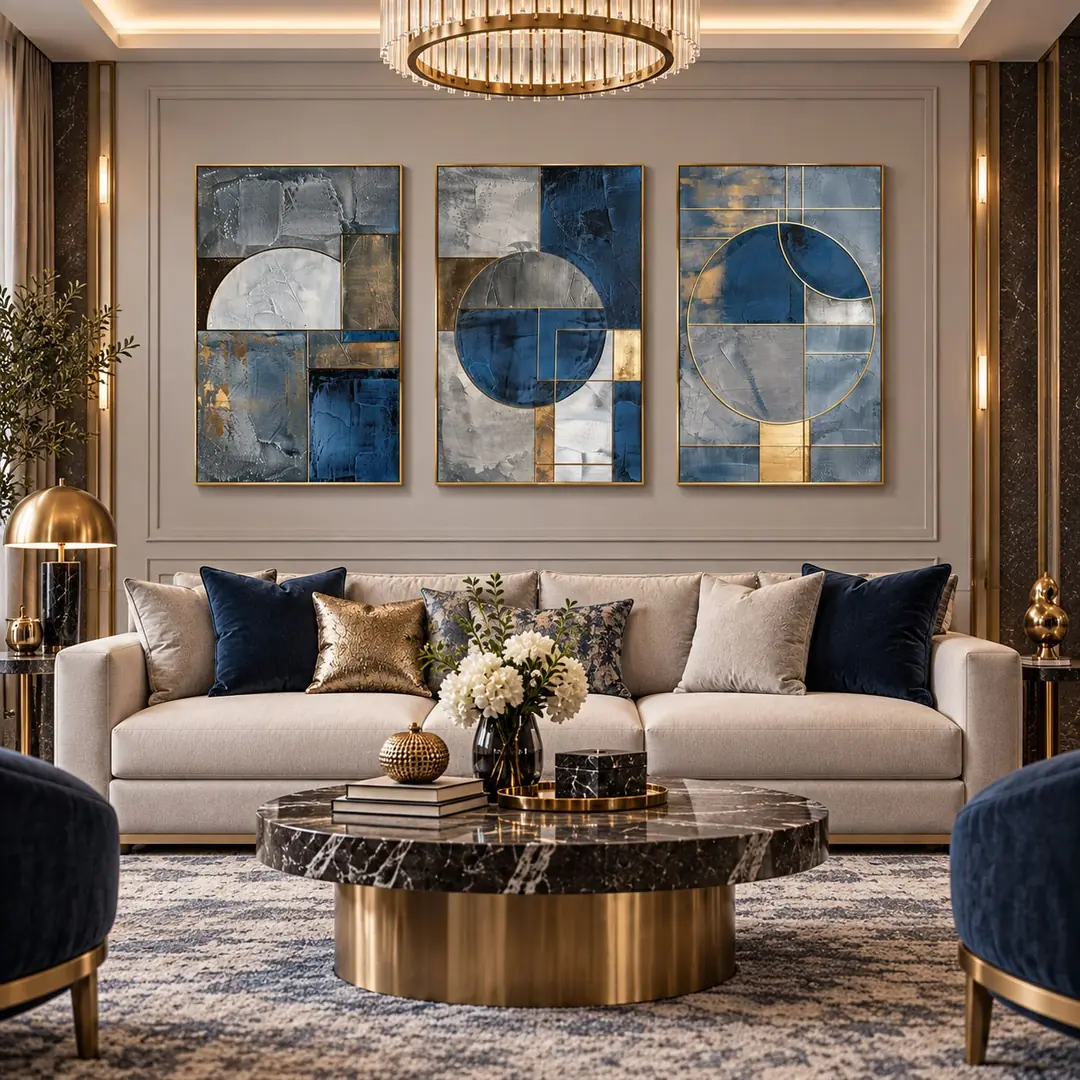 Gold Ahşap Çerçeveli - 60x90cm Gold Detaylı Geometrik Soyut Üçlü Kanvas Tuval Tablo Seti - VOOV9130 2
