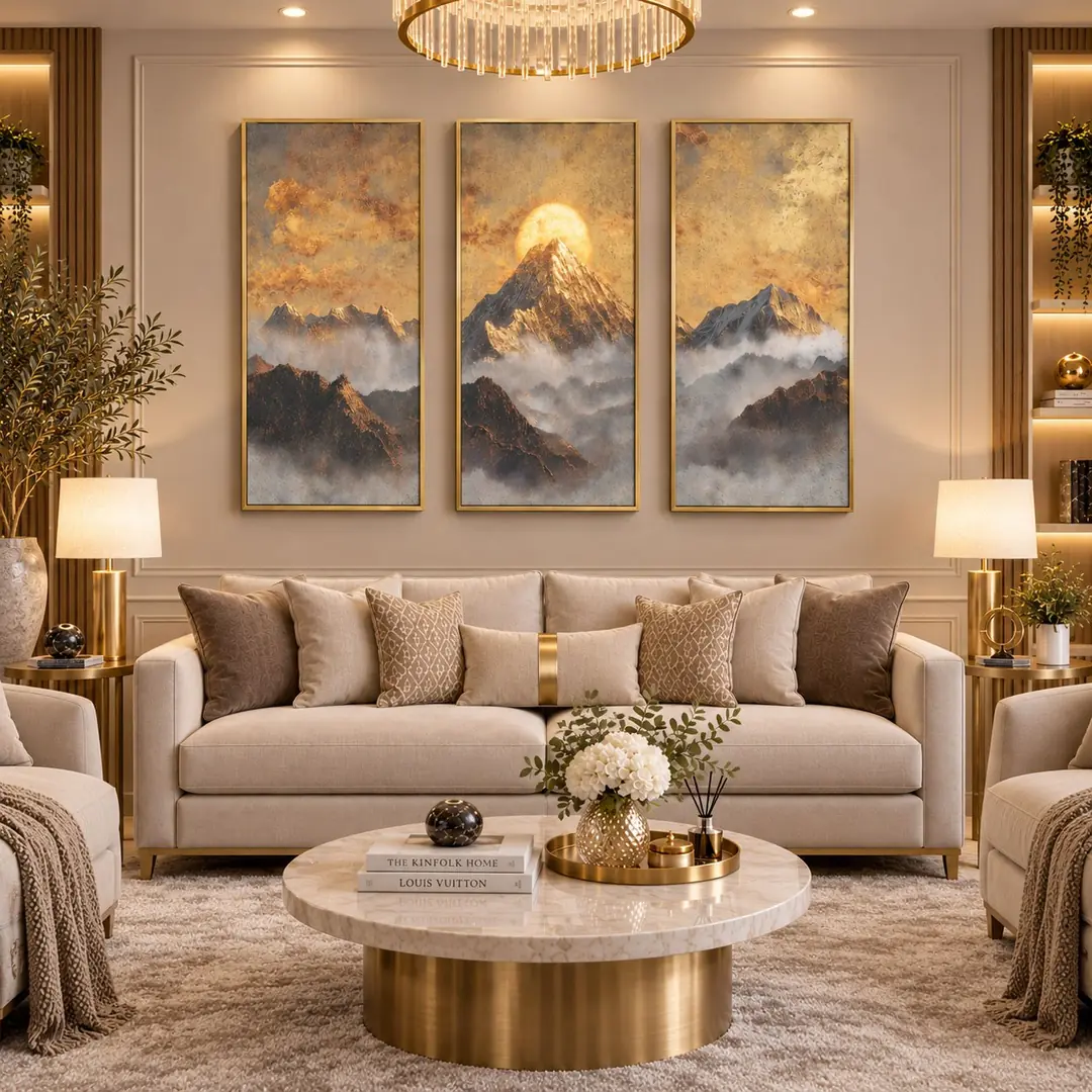 Gold Ahşap Çerçeveli - 50x100cm Muhteşem Dağ Manzarası Üçlü Kanvas Tuval Tablo Seti - VOOV9129