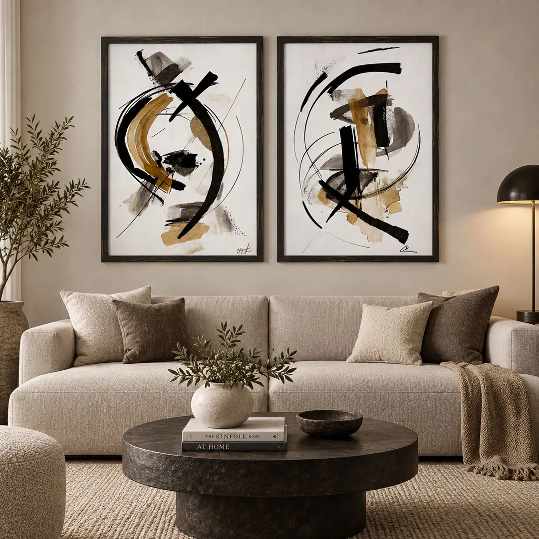 Ahşap Çerçeveli - Modern Soyut - Misafir ve Oturma Odası İkili Tablo Seti - 50x70cm