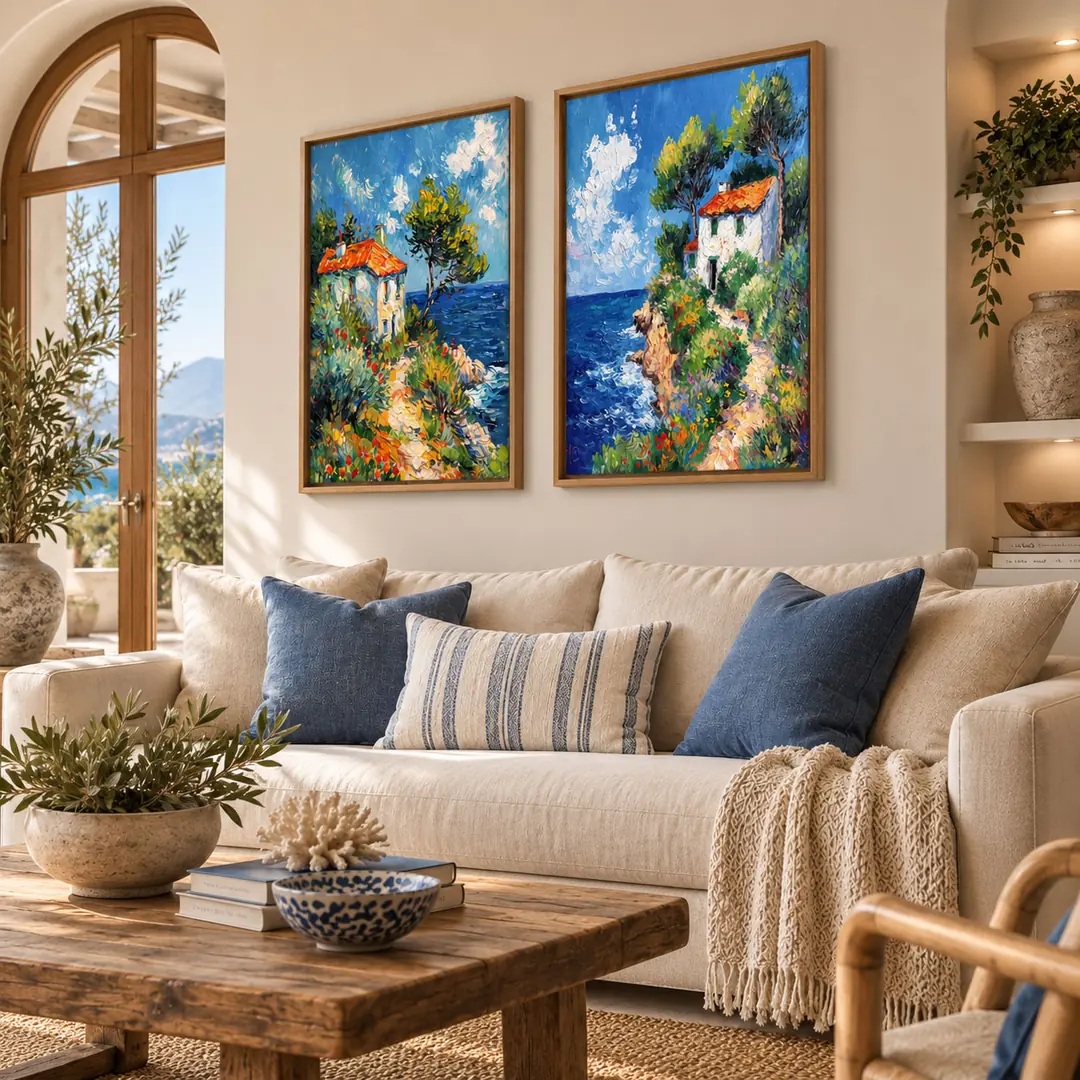 Ahşap Çerçeveli - Akdeniz Kıyısı Evleri Manzarası - Misafir ve Oturma Odası İkili Tablo Seti - 50x70cm 2