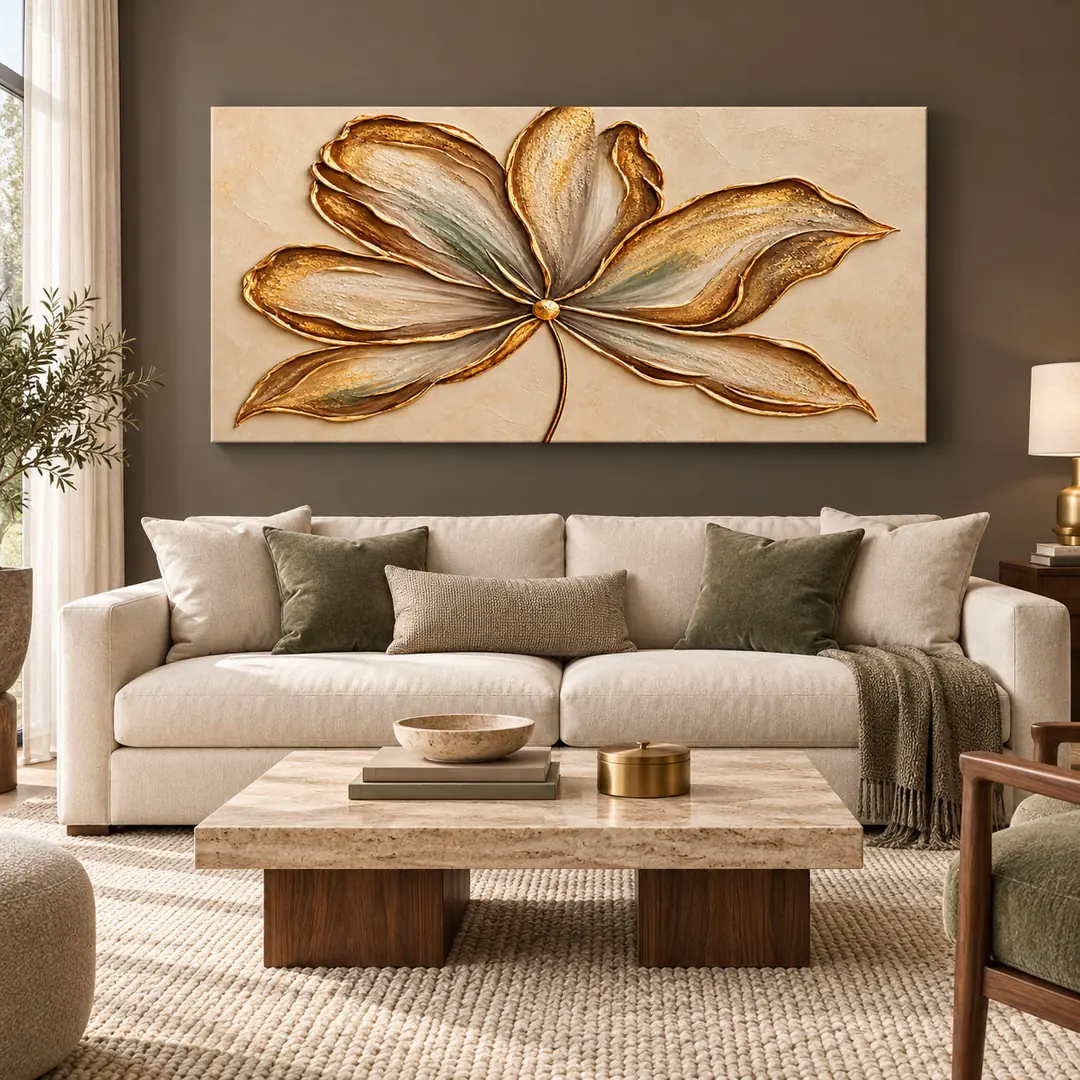 Kabartma Görünümlü Modern Soyut Çiçek Gold Bej Krem Kahve Zümrüt Yeşili Tekli Yatay Dijital Baskı Tuval Kanvas Modern Salon Tablosu 1