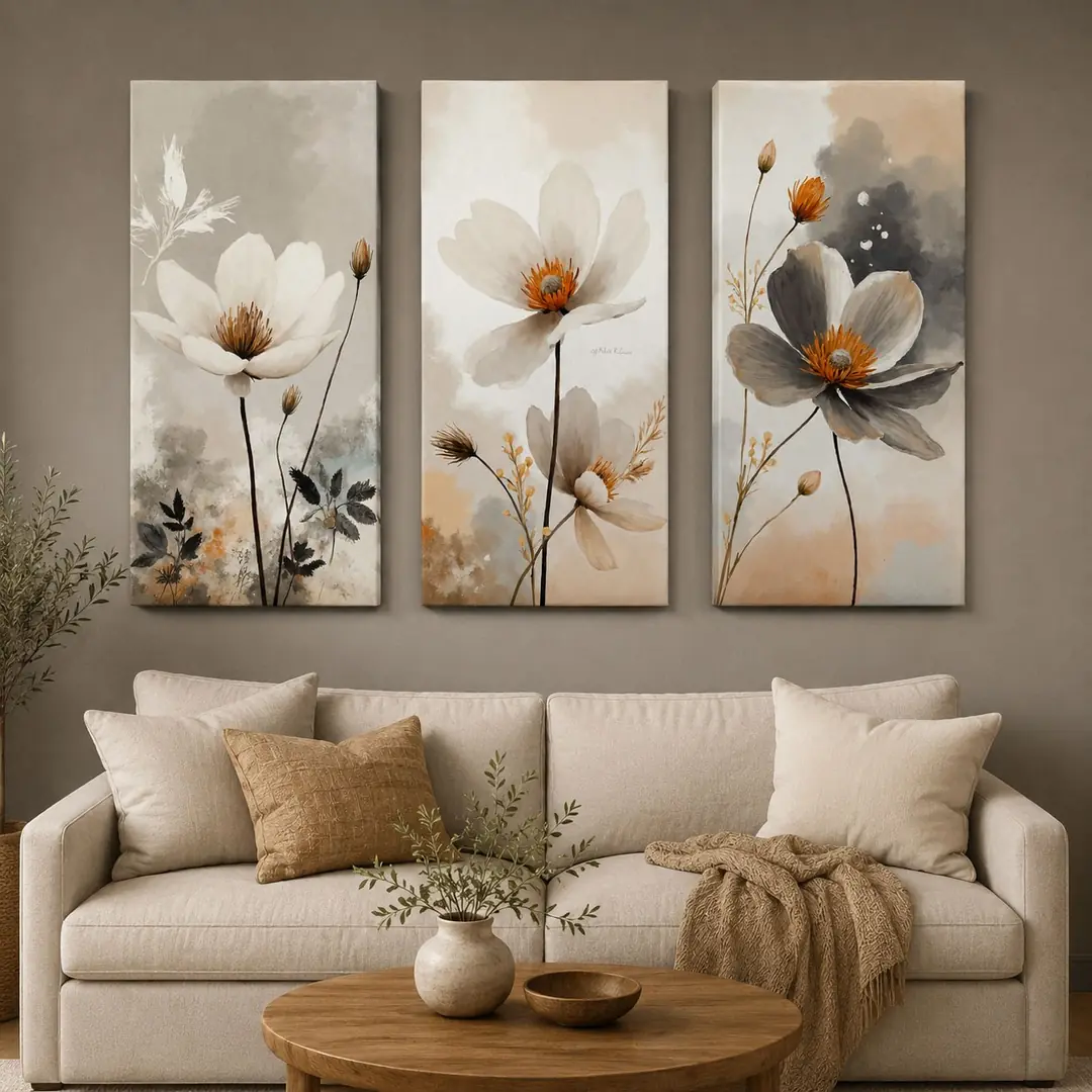Soft Çiçekler Kanvas Duvar Tablosu - 3'lü Canvas Tablo Seti - VOOV6049 1