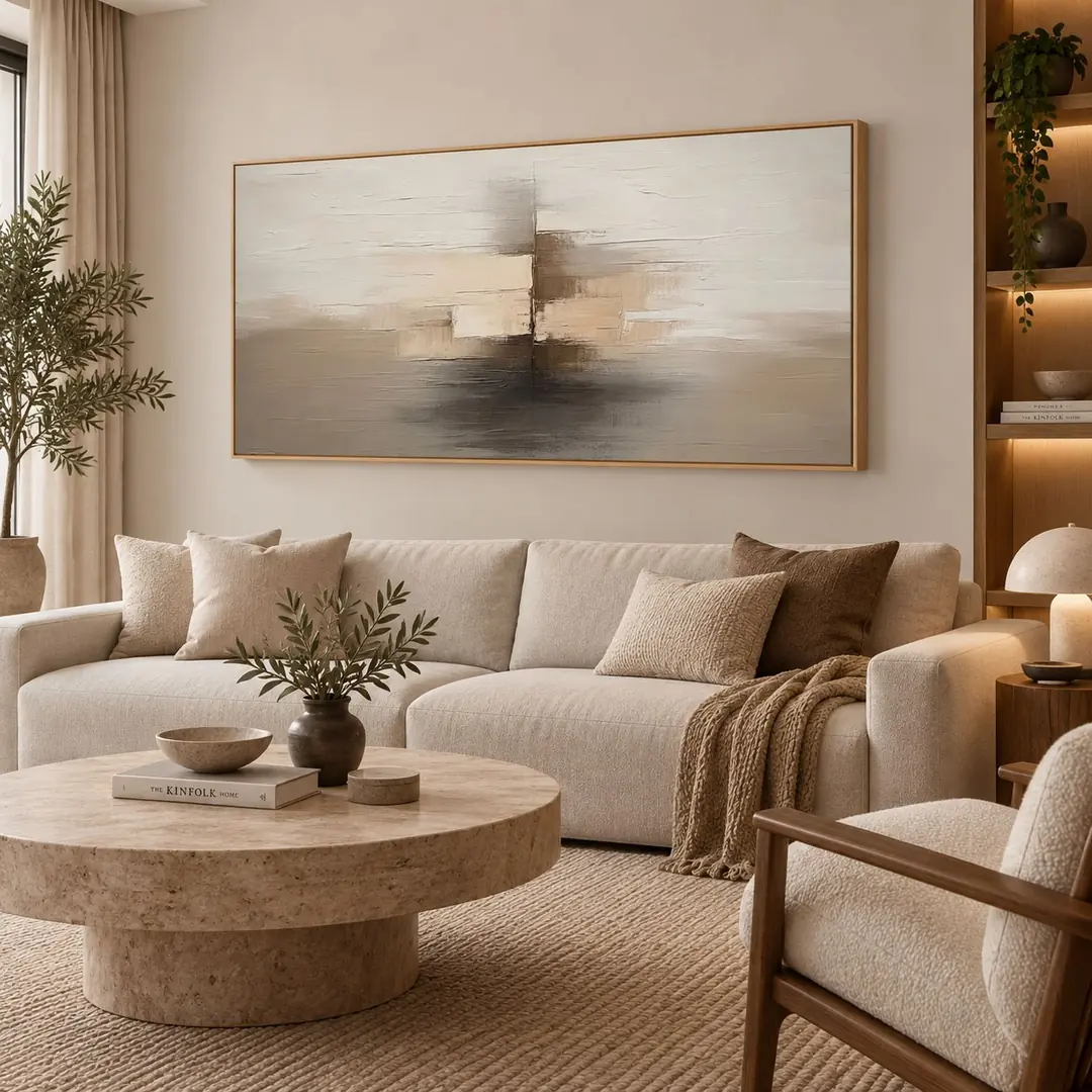 Ahşap Çerçeveli - 75x150cm Bej Gri Kahve Vizon Modern Soyut Kanvas Tuval Tablo - VOOV9137 2