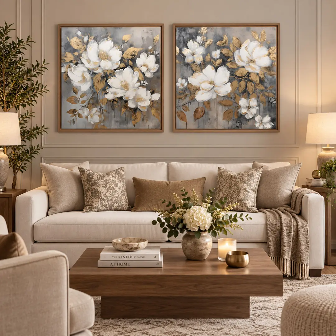 Ahşap Çerçeveli - Gold Yapraklı Soyut Beyaz Manolyalar Kare - Misafir ve Oturma Odası İkili Tablo Seti - 70x70cm