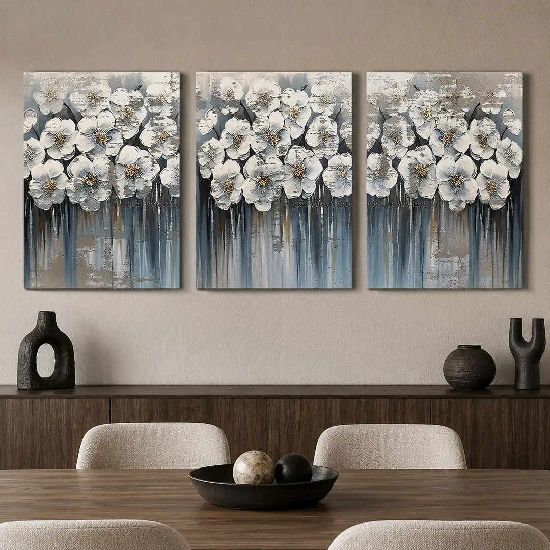 İnci Çiçekleri Kanvas Duvar Tablosu - 3'lü Canvas Tablo Seti - VOOV4387 2