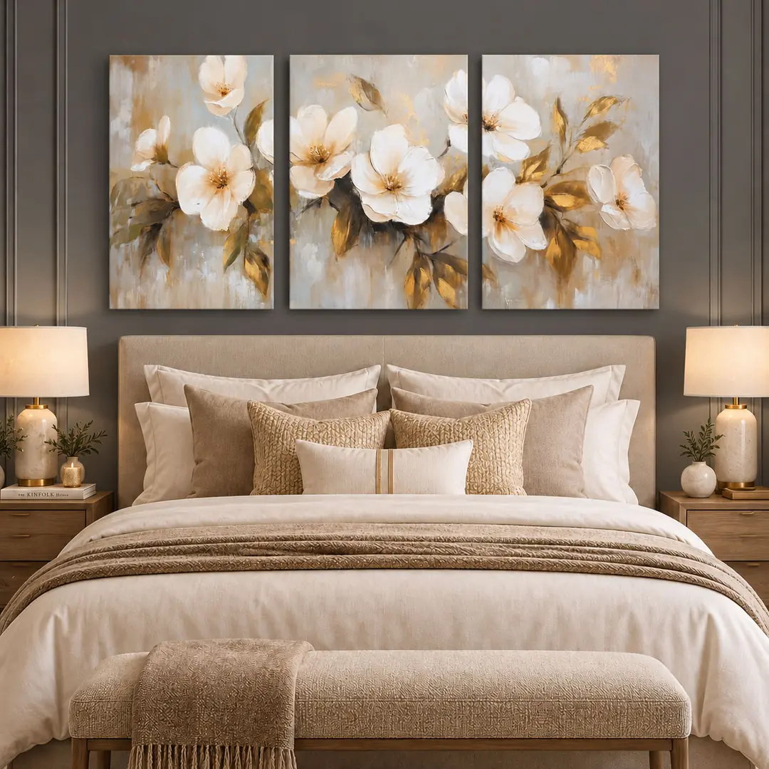 Gold Yapraklı Zarif Beyaz Çiçekler  Ekru Bej Krem Vizon - Salon Duvar Üçlü Kanvas Tuval Tablo Seti - VOOV6094