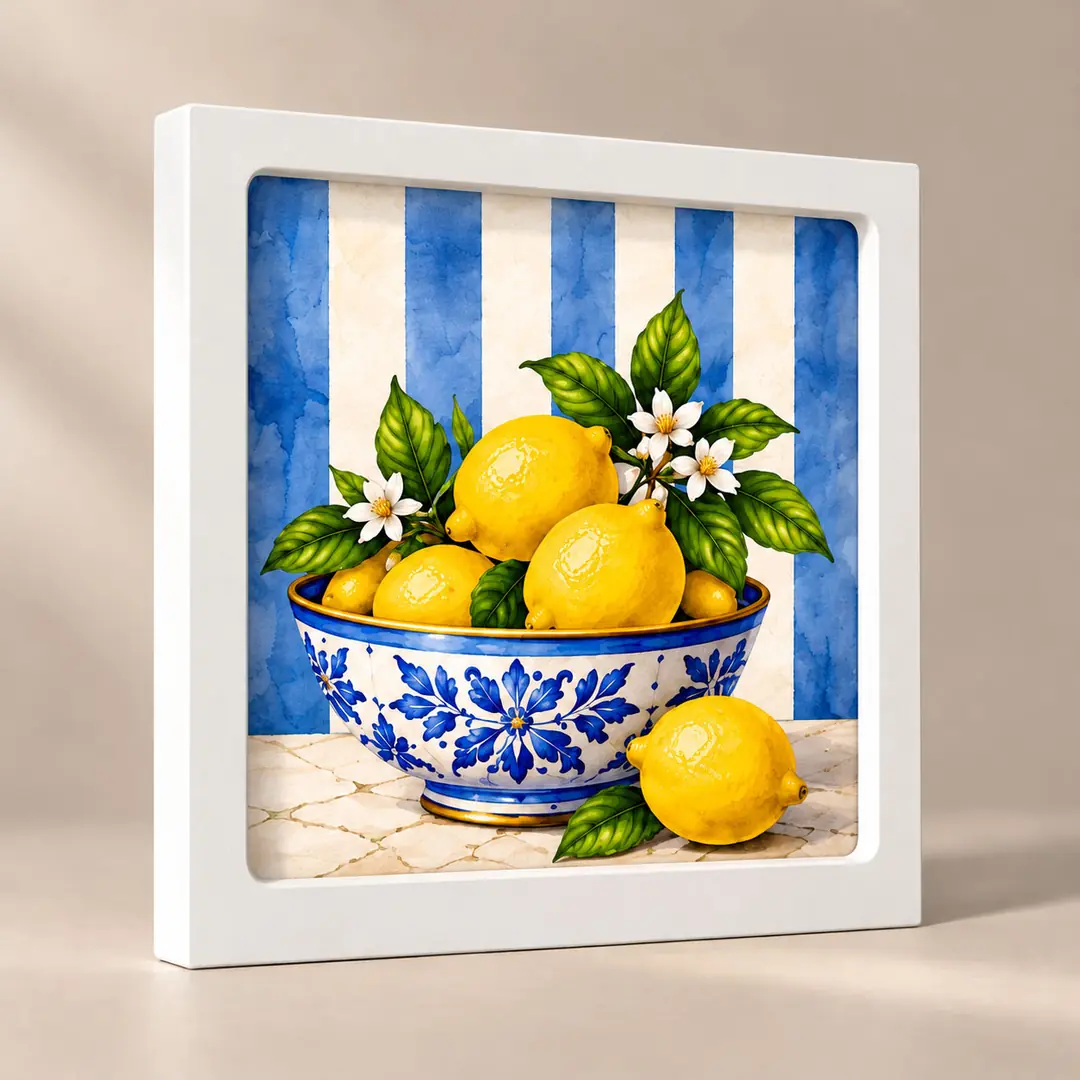 Akdeniz Limonları Mutfak Keyfi Seti - Dokuzlu Kare Beyaz Ahşap Çerçeveli Lüks Tablo Seti ( 30x30cm ) 9 Adet 3