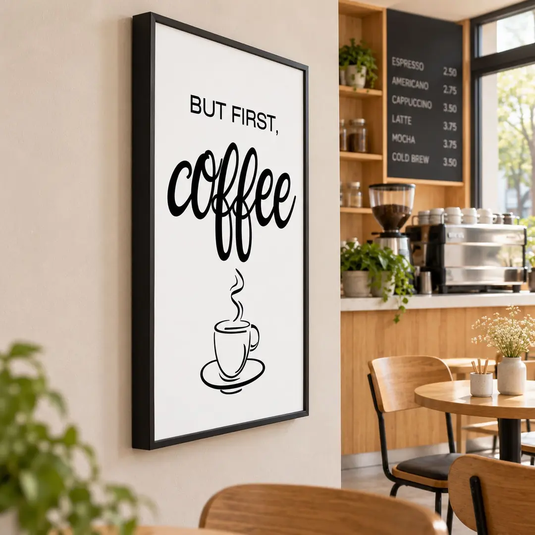 Siyah Ahşap Çerçeveli 60x90cm But First Coffee Tipografik Kahve Kanvas Tuval Tablo - VOOV9102 2
