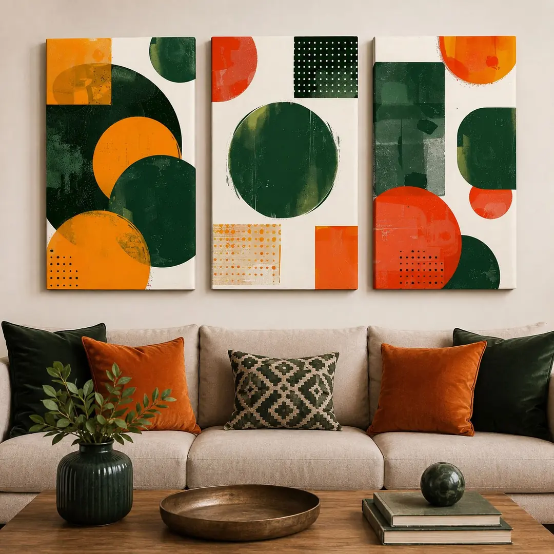 Retro Geometri Kanvas Duvar Tablosu - 3'lü Canvas Tablo Seti - VOOV4386 1
