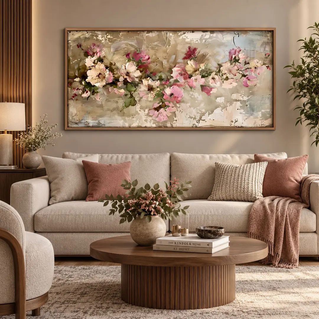 Ahşap Çerçeveli - Modern Soyut Çiçekler - Misafir ve Oturma Odası Tablosu - 70x140cm