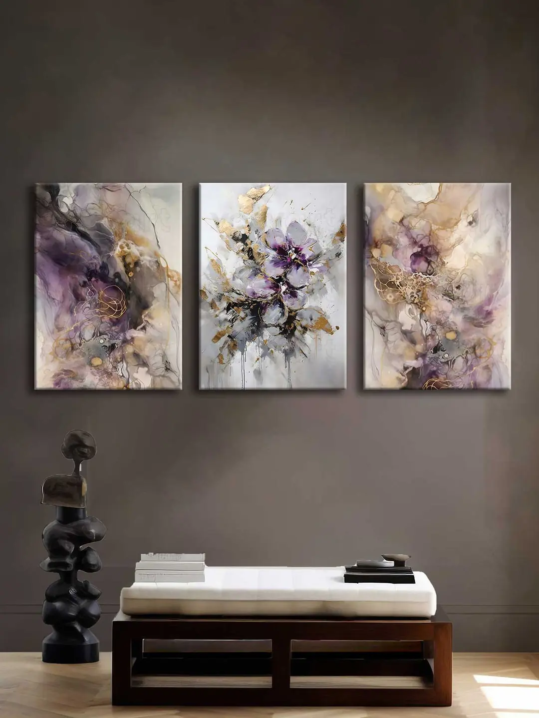 Abstract Flower Kanvas Duvar Tablosu - 3'lü Canvas Tablo Seti - VOOV4199 3