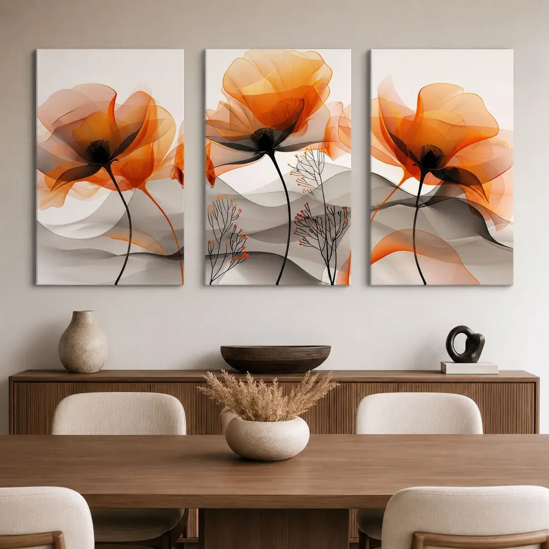 Amber Çiçekleri Kanvas Duvar Tablosu - 3'lü Canvas Tablo Seti - VOOV4400 4