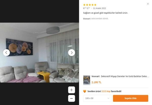 Dekoratif Ahşap Daireler Ve Gold Balıklar Dekoratif Kanvas Tablo - VOOV1518