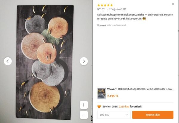 Dekoratif Ahşap Daireler Ve Gold Balıklar Dekoratif Kanvas Tablo - VOOV1518