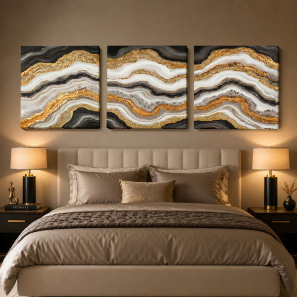 Golden Stone Kanvas Duvar Tablosu - 3'lü Canvas Tablo Seti - VOOV4073