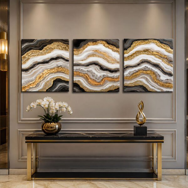 Golden Stone Kanvas Duvar Tablosu - 3'lü Canvas Tablo Seti - VOOV4073
