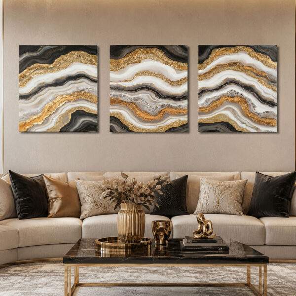 Golden Stone Kanvas Duvar Tablosu - 3'lü Canvas Tablo Seti - VOOV4073