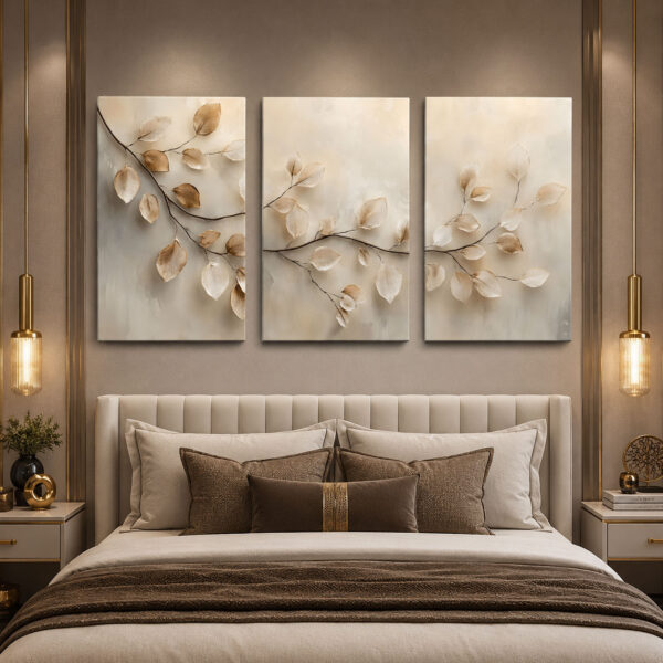 Bej Yaprakların Dansı Kanvas Duvar Tablosu - 3'lü Canvas Tablo Seti - VOOV4075